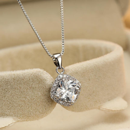 Fashion 925 Sterling Silver Stunning Square Cubic Zircon Pendant Necklace Chain - Aimall
