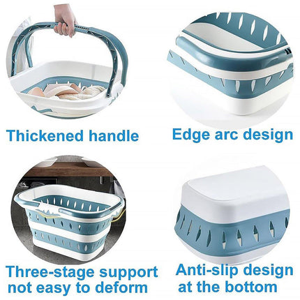 Large Folding Laundry Basket Plastic Dirty Clothes Hamper Blue Bathroom Storage