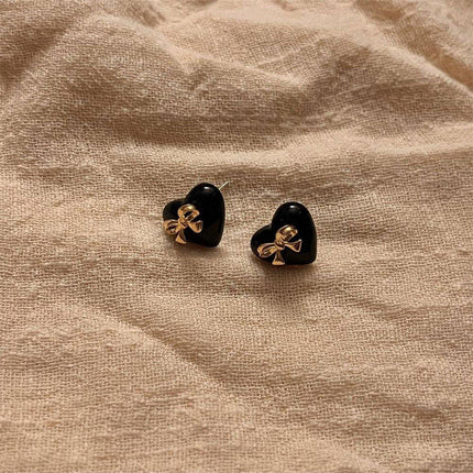 Elegant Black Heart Earrings with Golden Bow for Girls Sweet Fashion Jewelry