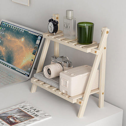 Wooden Desktop Storage Rack Double-Layer Desktop Storage Shelf Folding Organizer