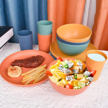 16Pcs Wheat Straw Dinnerware Serving Set Unbreakable Tableware Plates Microwave