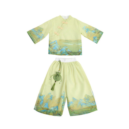 Chinese Style Landscape Painting Performance Costume Girl Traditional Green Set