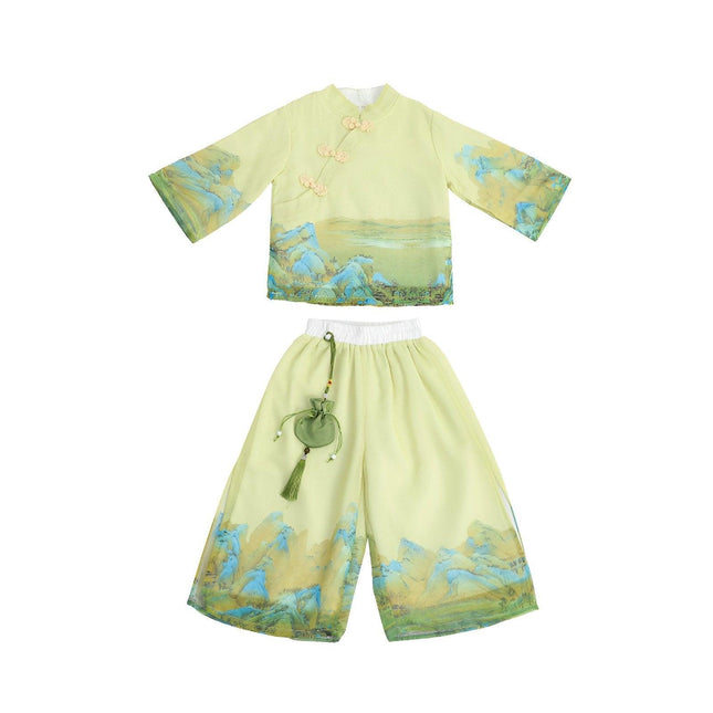 Chinese Style Landscape Painting Performance Costume Girl Traditional Green Set