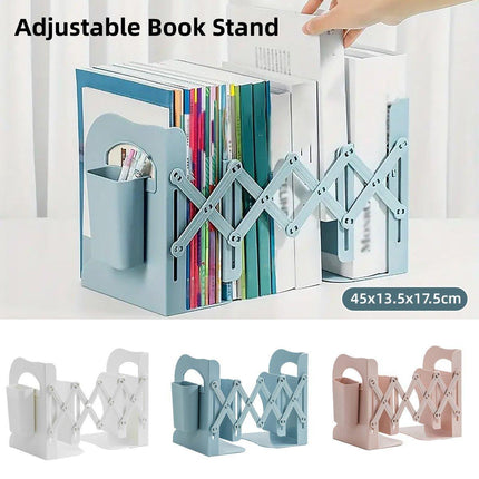 Adjustable Desktop Bookshelf Organizer With Pen Holder Folding Book Storage Rack