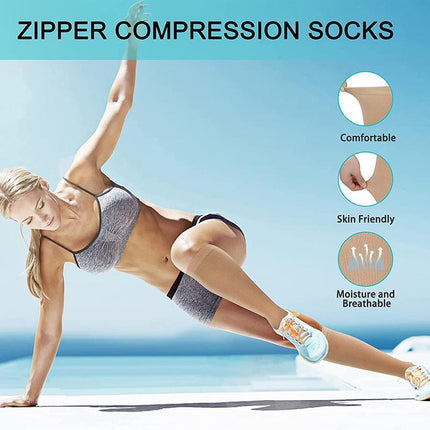 Zip Sox Compression Socks Zipper Leg Support Knee Open Toe Shaper Stockings Beige - Aimall