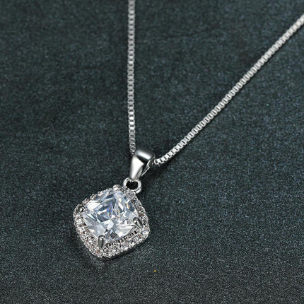 Fashion 925 Sterling Silver Stunning Square Cubic Zircon Pendant Necklace Chain - Aimall