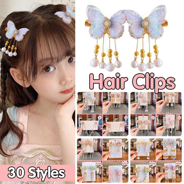 2Pcs Hanfu Flower Hair Clip Pearl Tassel Butterfly Hairpin Female/Children Party - Aimall