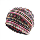 Ethnic Style Cotton Flower Stripe Pullover Cap Dual Purpose Turban Hat for Women