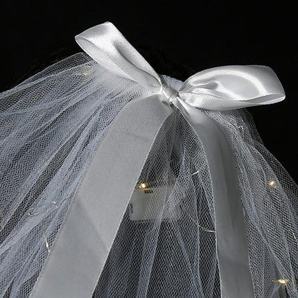 Bow Flower Girl Children Kids Hair Head Veil pearl with Lamp Flashing Wedding - Aimall