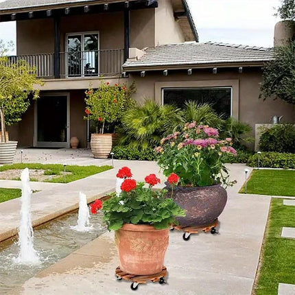 Wooden Round Universal Wheel Planter Base Tray Mobile Planter Stand for Garden