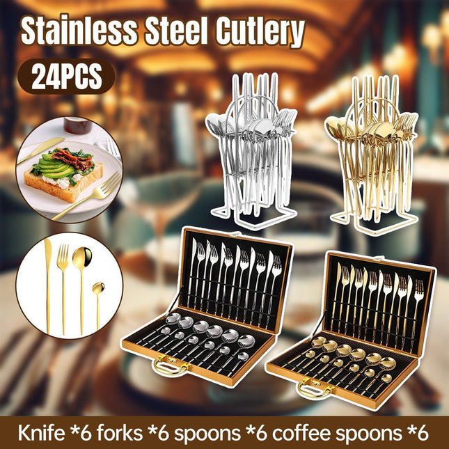 24PCS Stainless Steel Cutlery Set Knife Fork Spoon Set Durable Flatware Dining