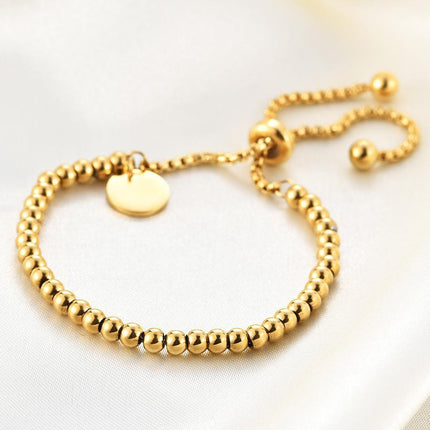 Ladies 18K Gold Plated Titanium Steel Chain Bead Ball Bracelet Cuff Gift - Aimall