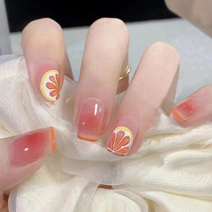 24X Orange Fake Nail Reusable Stick On Nails Press on Full Cover False Nail Tips - Aimall