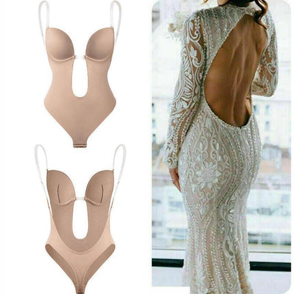 XL Women Deep U Plunge Seamless Push Up Bra Thong Body Shaper Backless Bodysuit - Aimall