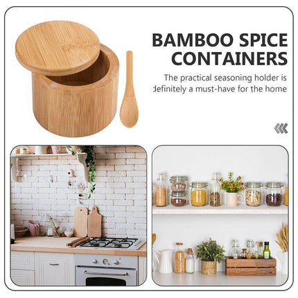 Bamboo Salt Box with Lid Mini Spoon Round Spice Storage Jar Kitchen Utensils Set