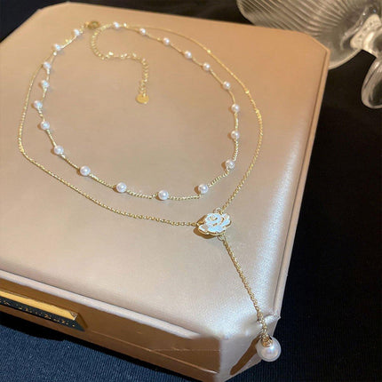 Gold Pearl Camellia Long Tassel Necklace Elegant Airy Jewelry for Women Gift