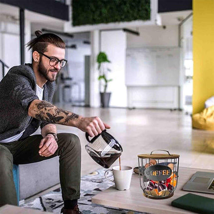 Iron Wood Coffee Capsule Storage Basket Decor Organizer for Kitchen Living Room