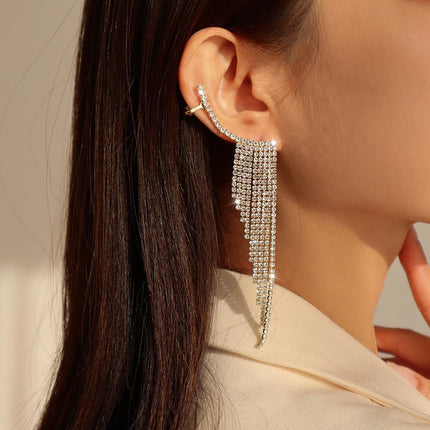 Bling Dangle Drop Tassel Earrings Long Tassel Rhinestone Rhinestone Earrings - Aimall