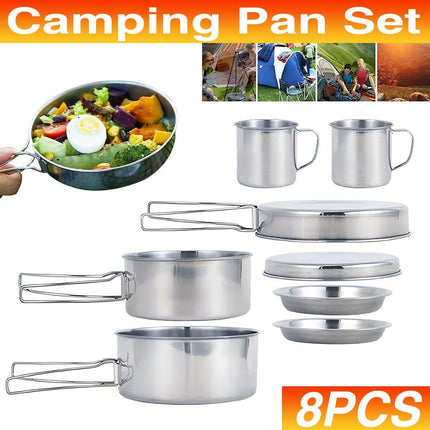 8PCS Camping Cookware Stainless Steel Outdoor Picnic Pot Cook Pan Set Hiking BBQ - Aimall