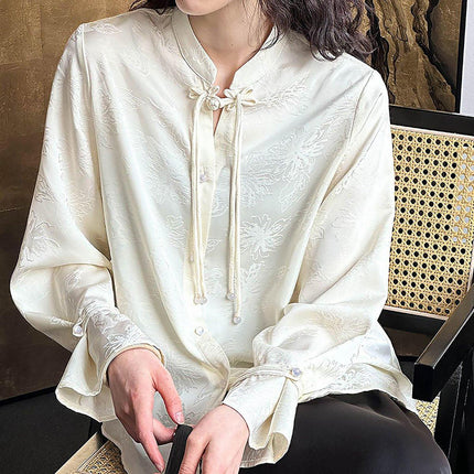 Elegant Retro Chinese Style Satin Top with Fringe and Disc Buckle Design for Women