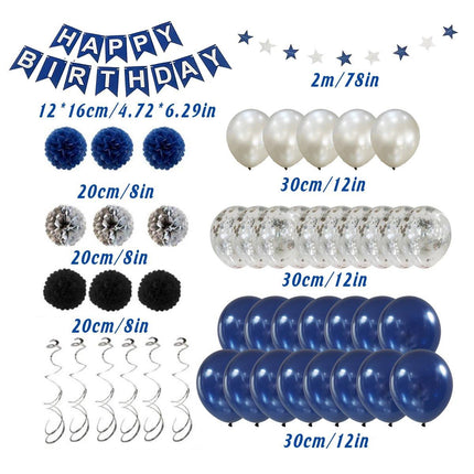 47pcs Blue Birthday Banner Balloon Set Party Decoration Blue Silver Paper Flower