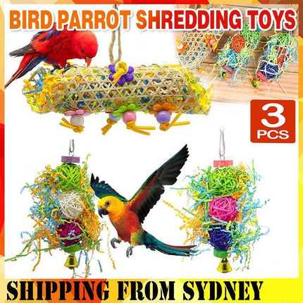 3PCS Bird Parrot Shredding Toys Chewing Foraging Hanging Cage Shredder Bell Toys - Aimall