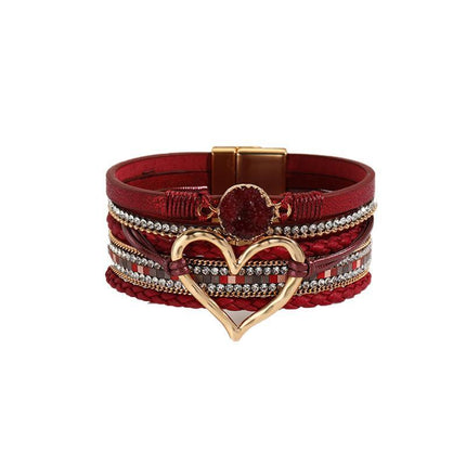 Chic Women's Multi-Color Leather Wrap Bracelet Love Heart Charms Magnetic Clasp - Aimall