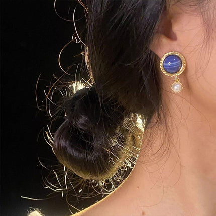 Retro Blue Oil Drop Earrings Fashion Needle Jewellery Elegant Niche Style