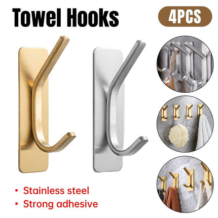 4pcs Stainless Steel Adhesive Hook Towel Hook Bathroom Kitchen Door Coat Hook