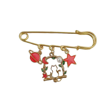 Cartoon Metal Brooch Cute Cat Swinging With Planet Moon Pendant Brooch Pin - Aimall