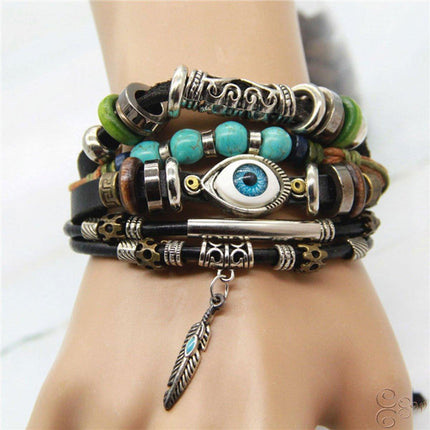 Turquoise Woven Leather Multi Layered Beaded Bracelet with Wood Beads Women