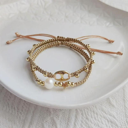 Adjustable Gold Pearl Bracelet Accessory Stylish Hand-Woven Pearls Wrist Chain - Aimall