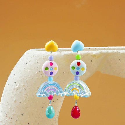 Colourful Beaded Resin Love Earrings Asymmetrical Cloud Design Long Jewelry