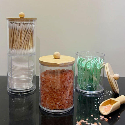 3pcs/set Cotton Swab Holder with Vanity Tray Clear Apothecary Jar Wood Lids