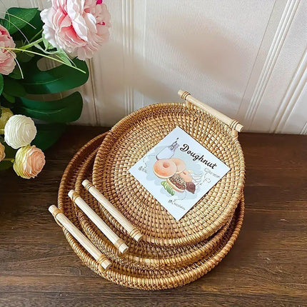 Round Rattan Hand Woven Storage Basket Bread Fruit Serving Tray Kitchen Container