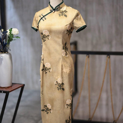 Retro Chinese Style Yellow Jacquard Cheongsam Short Sleeve Improved Young Style