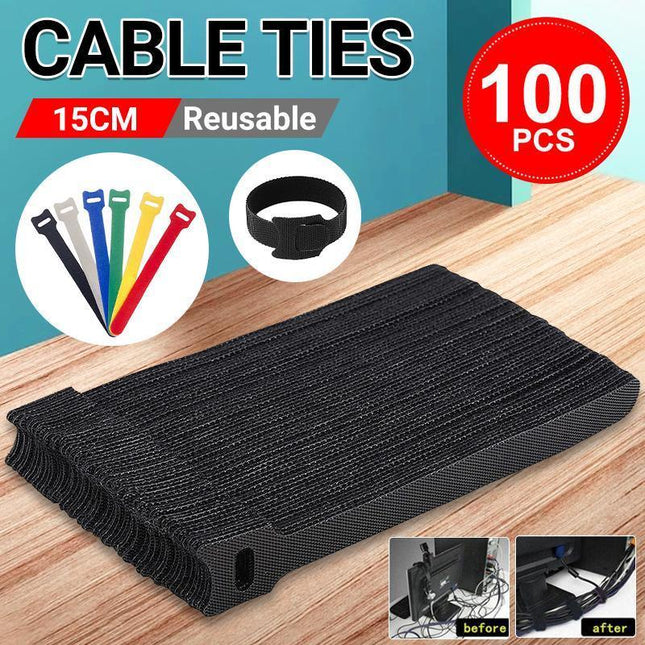 100PCS Reusable Cable Tie Nylon Hook Loop Strap Cord Ties PC TV Organiser