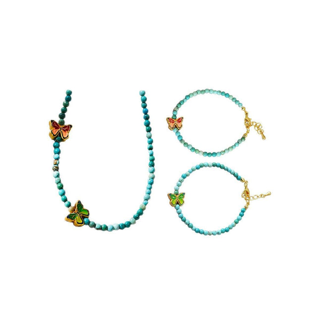New Chinese Turquoise Butterfly Beaded Necklace and Bracelet Set Women