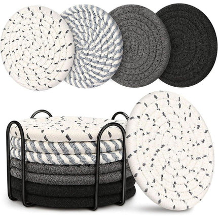 8Pcs Woven Cotton Rope Coasters with Storage Rack Insulation Placemats