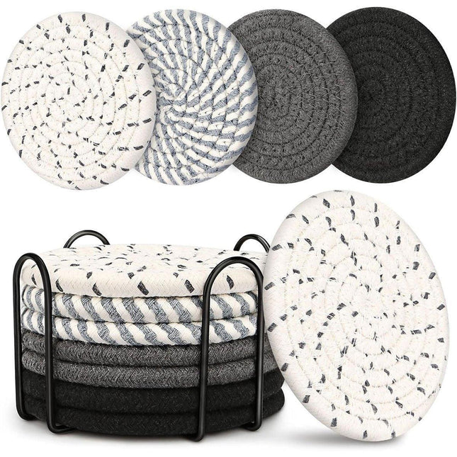 8Pcs Woven Cotton Rope Coasters with Storage Rack Insulation Placemats