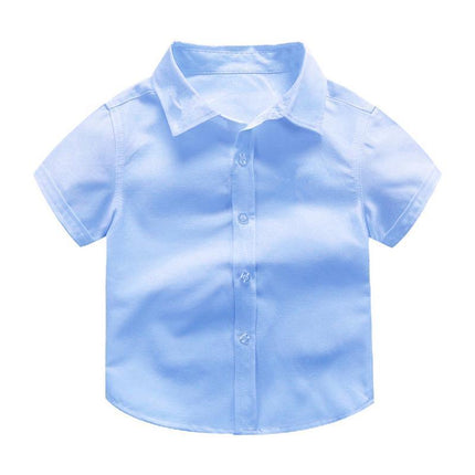 Boys Children's Kids Blue Short Sleeve School Shirt Open Neck With Lay Back Collar - Aimall