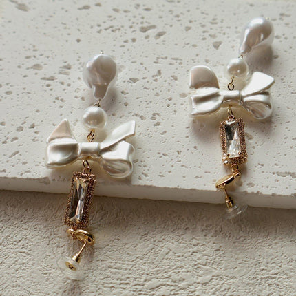 Sweet White Bow Long Earrings for Girls Elegant Fashion Dangle Jewelry Gift