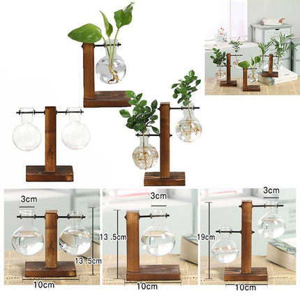 Wooden Stand Glass Flower Vase Hydroponic Hanging Plant Terrarium Container - Aimall