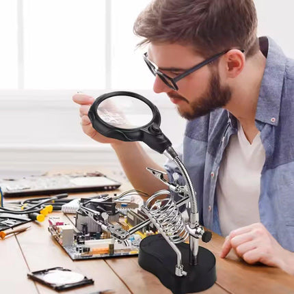 LED Magnifier Stand Holder Soldering Iron Tool Third Hand Helping Station