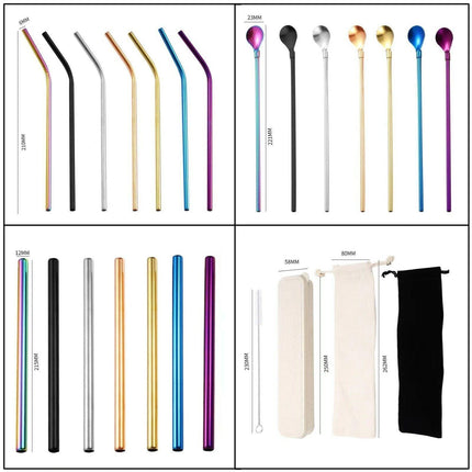 Reusable 304 Stainless Steel Straws Metal Drinking Washable Straw Brushes Set 2 - Aimall