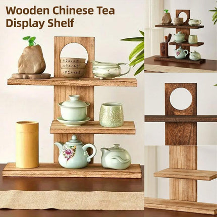 Wooden Desktop Tea Set Rack Display Stand Organizer Storage Shelf for Teaware