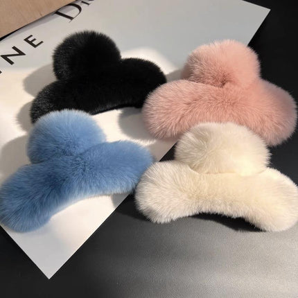 Large Plush Hair Claw Imitation Fur Big Shark Clip Faux Rabbit Fur Hair Clip - Aimall