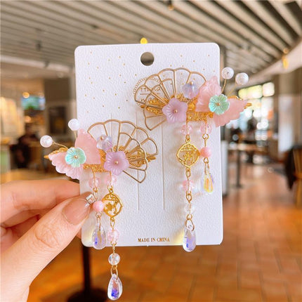 2Pcs Hanfu Flower Hair Clip Pearl Tassel Butterfly Hairpin Female/Children Party - Aimall