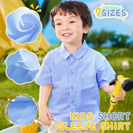 Boys Children's Kids Blue Short Sleeve School Shirt Open Neck With Lay Back Collar - Aimall