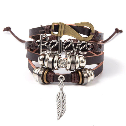 Turquoise Woven Leather Multi Layered Beaded Bracelet with Wood Beads Women